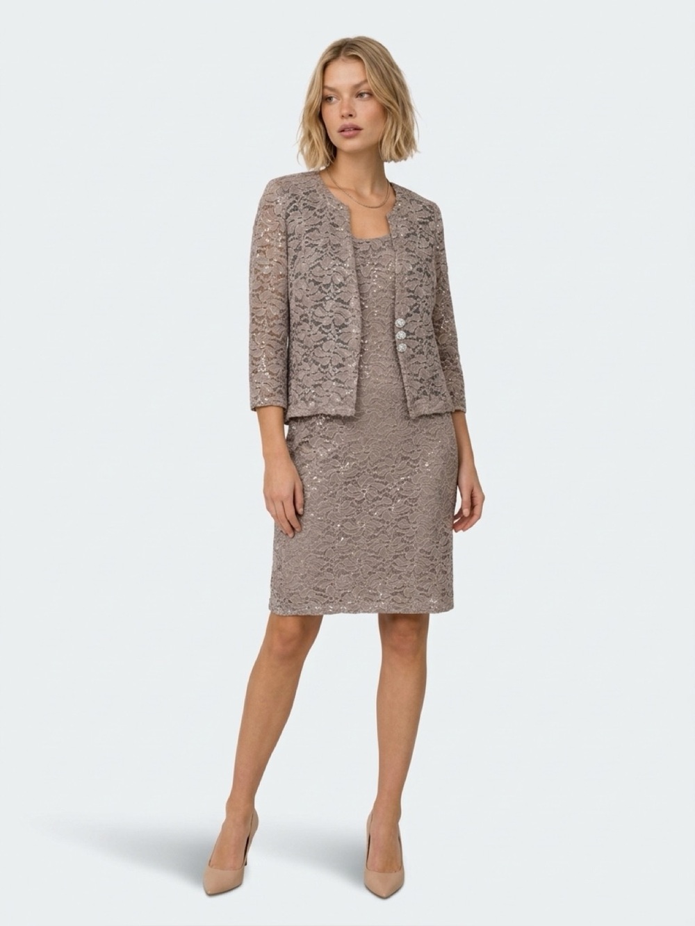 Ursula of Switzerland Lace Sequin Dress Jacket Set‎ 10 Taupe Mother of the Bride